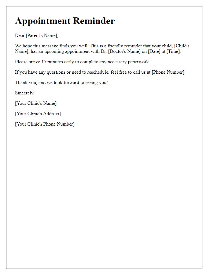 Letter template of pediatric appointment reminder for parents