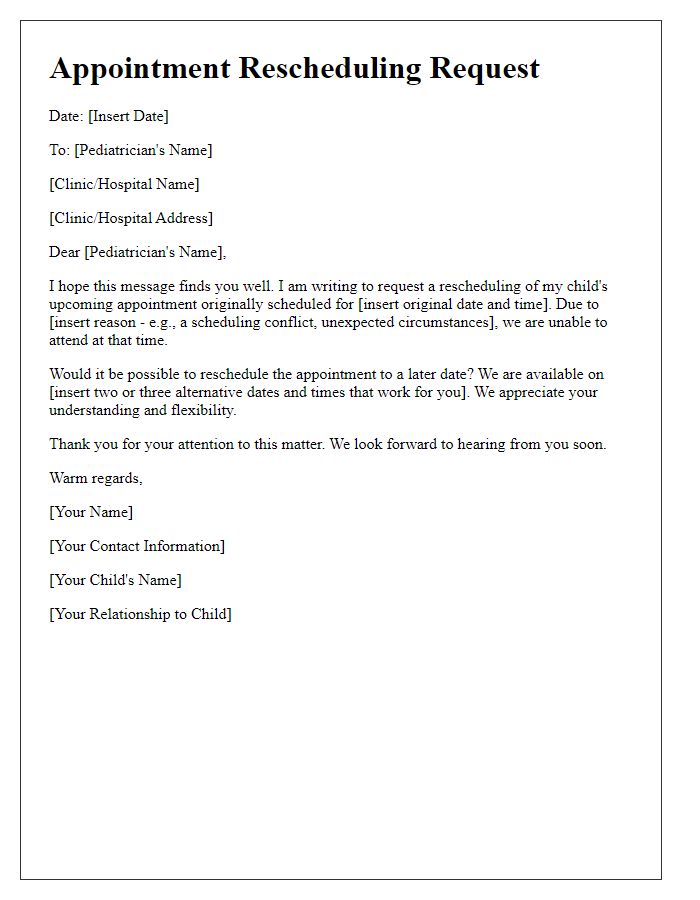 Letter template of pediatric appointment rescheduling request