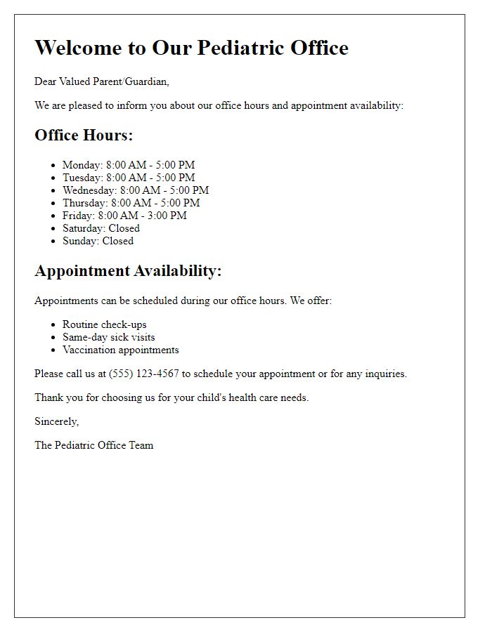 Letter template of pediatric office hours and appointment availability