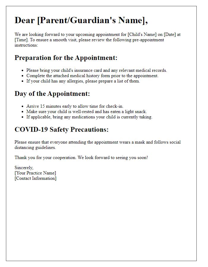 Letter template of pediatric pre-appointment instructions