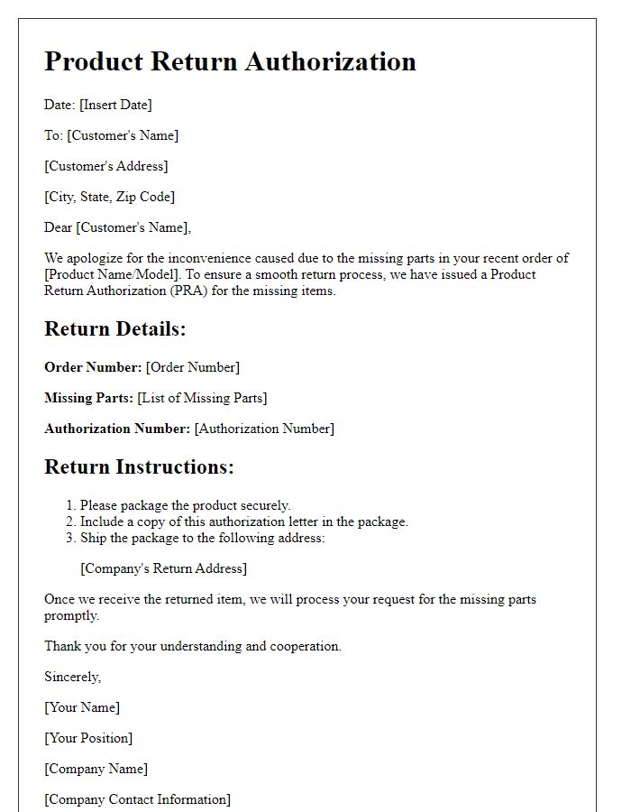 Letter template of product return authorization for missing parts.