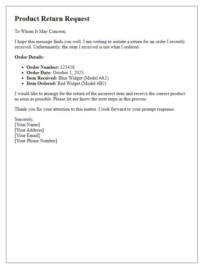 Letter template of product return initiation for wrong item received.