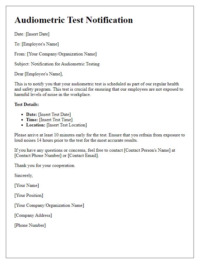 Letter template of Audiometric Test Notification