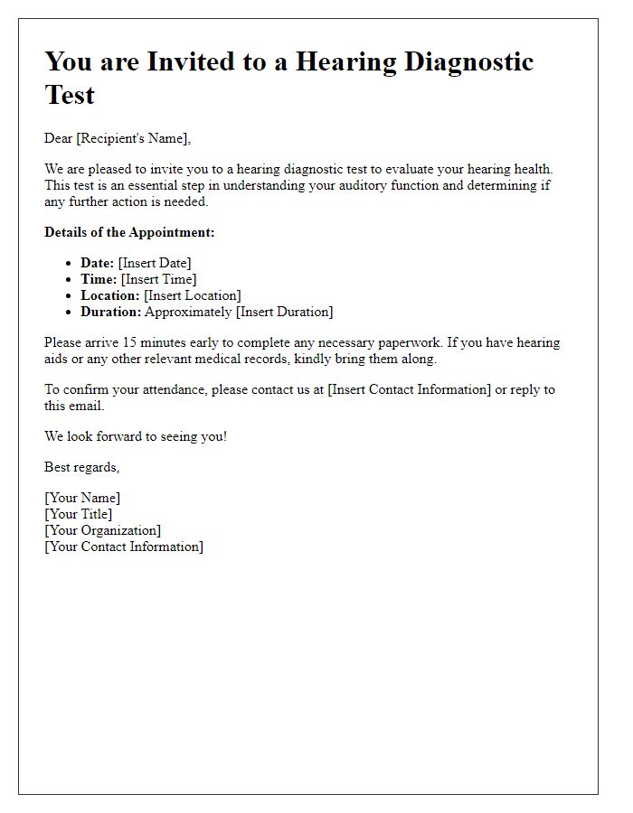 Letter template of Hearing Diagnostic Test Invitation