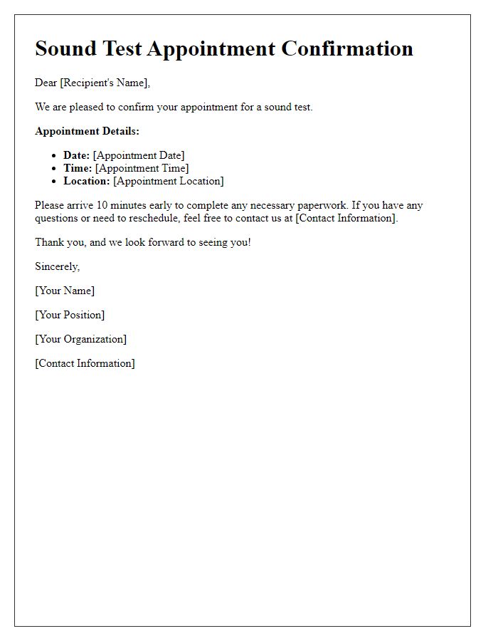 Letter template of Sound Test Appointment Confirmation