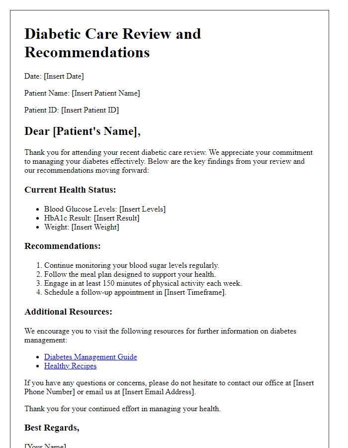 Letter template of diabetic care review and recommendations