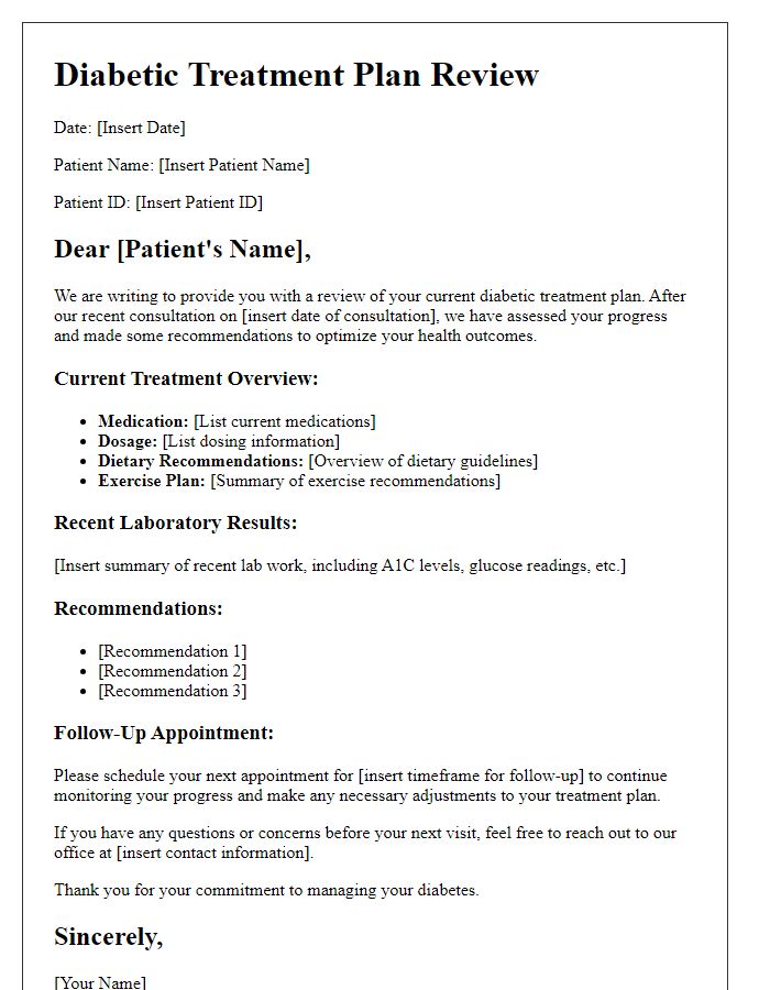 Letter template of diabetic treatment plan review