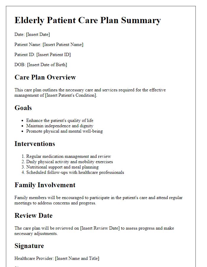 Letter template of elderly patient care plan summary