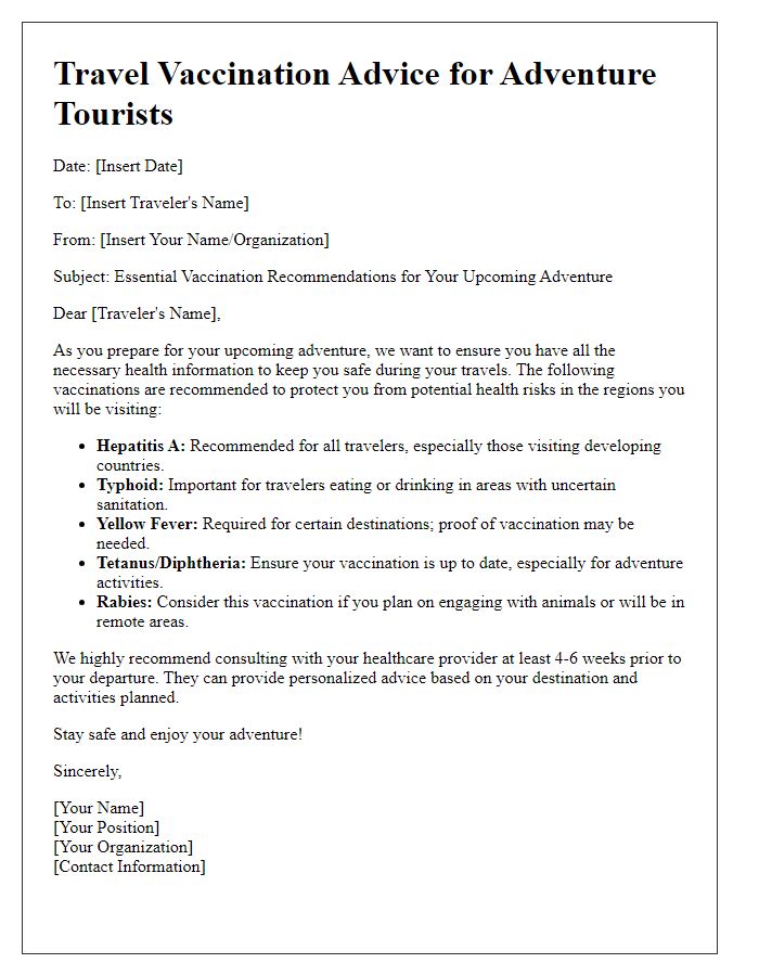 Letter template of travel vaccination advice for adventure tourism.