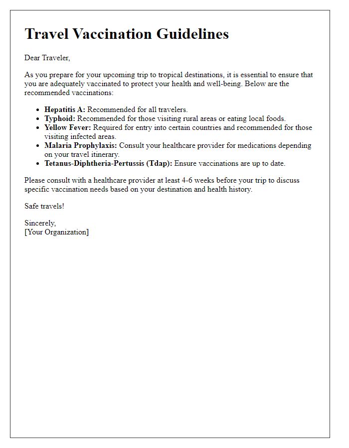 Letter template of travel vaccination guidelines for tropical destinations.