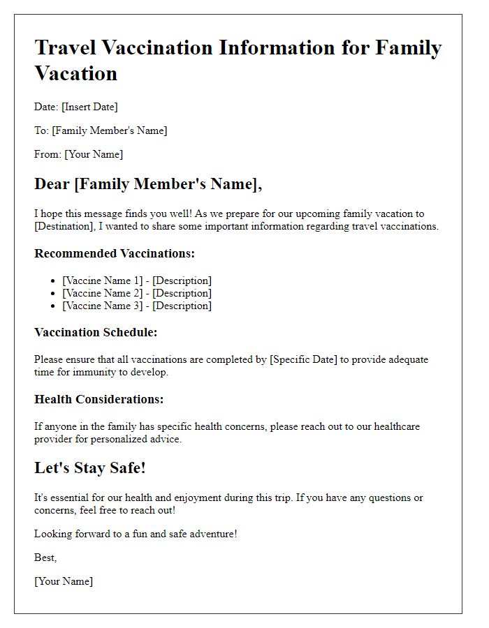 Letter template of travel vaccination information for family vacations.