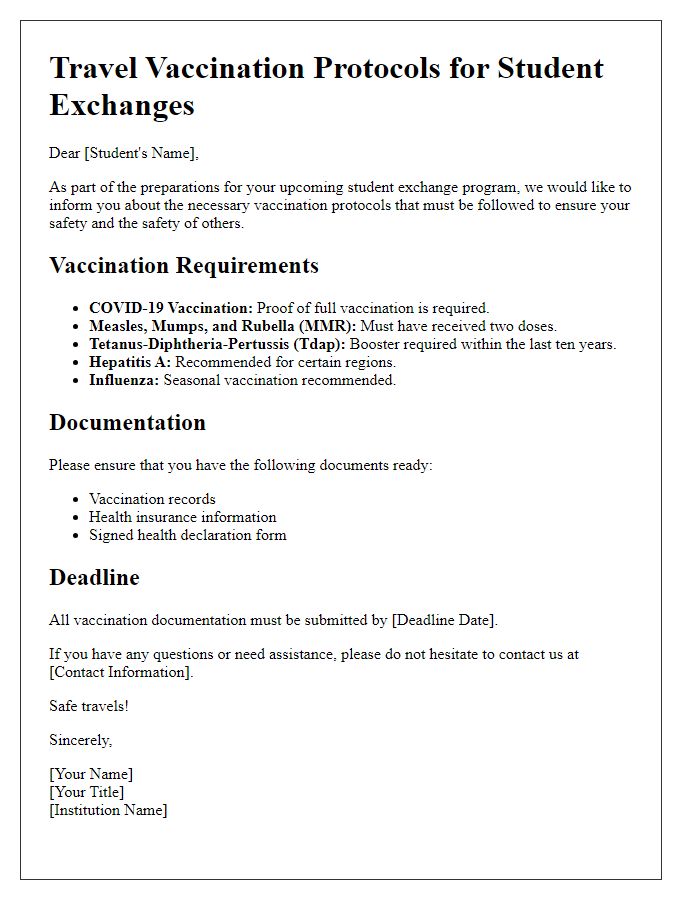 Letter template of travel vaccination protocols for student exchanges.