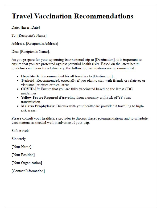 Letter template of travel vaccination recommendations for international trips.