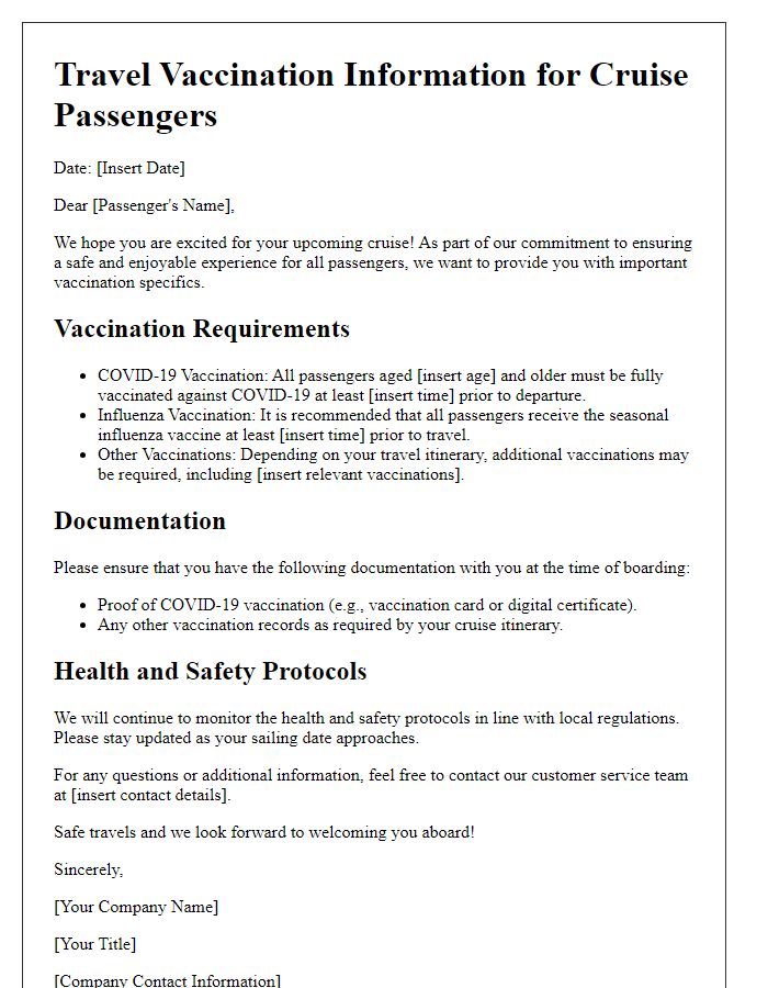 Letter template of travel vaccination specifics for cruise passengers.