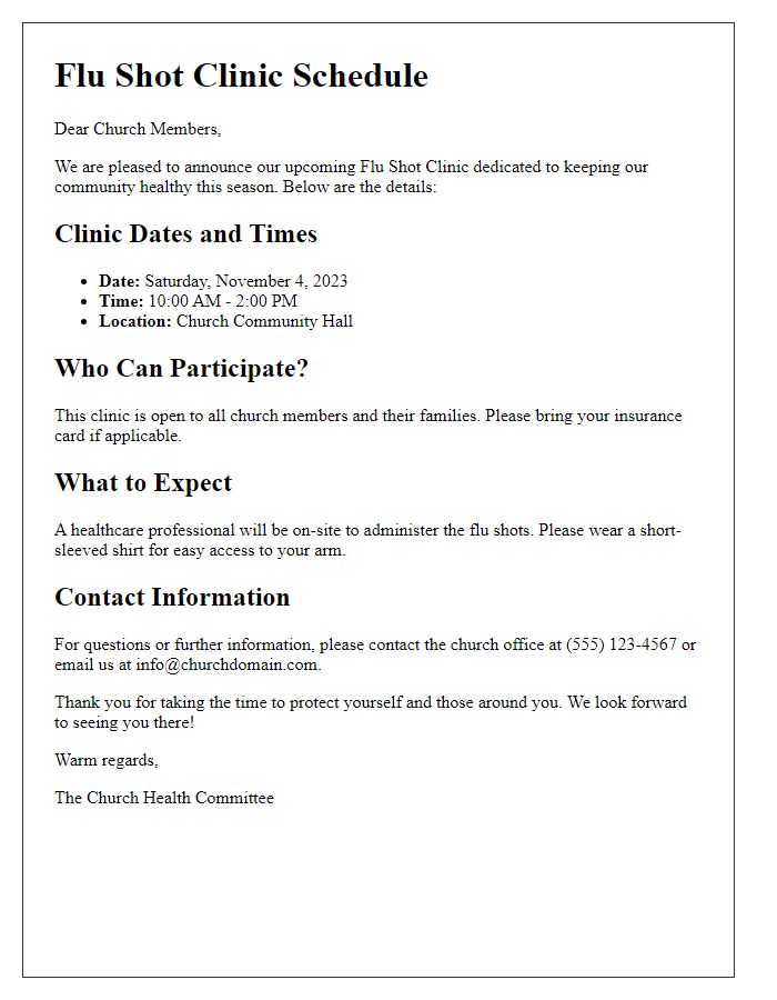 Letter template of church flu shot clinic schedule