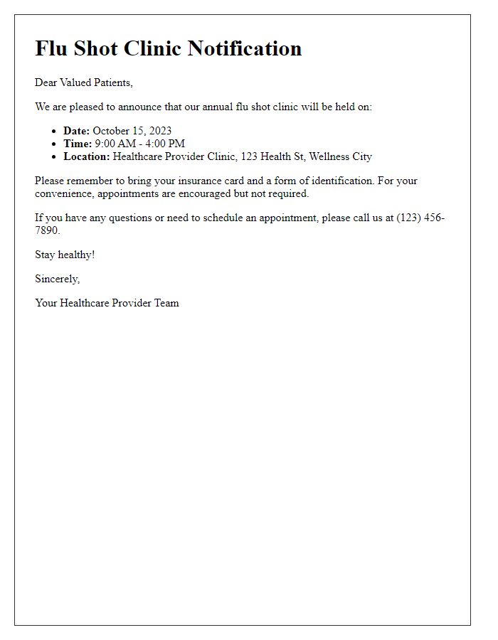 Letter template of healthcare provider flu shot clinic details