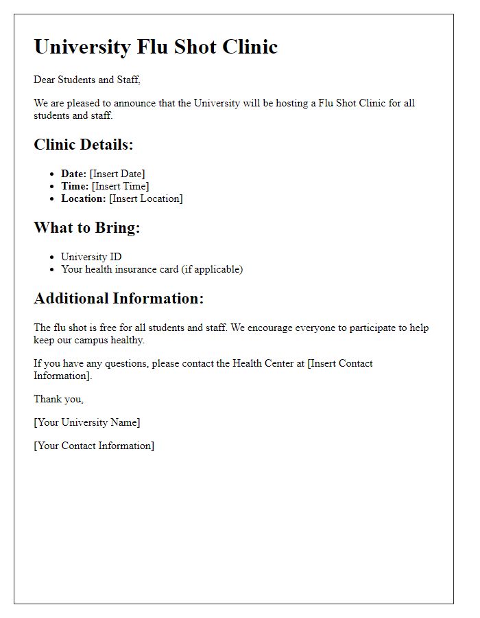 Letter template of university flu shot clinic information