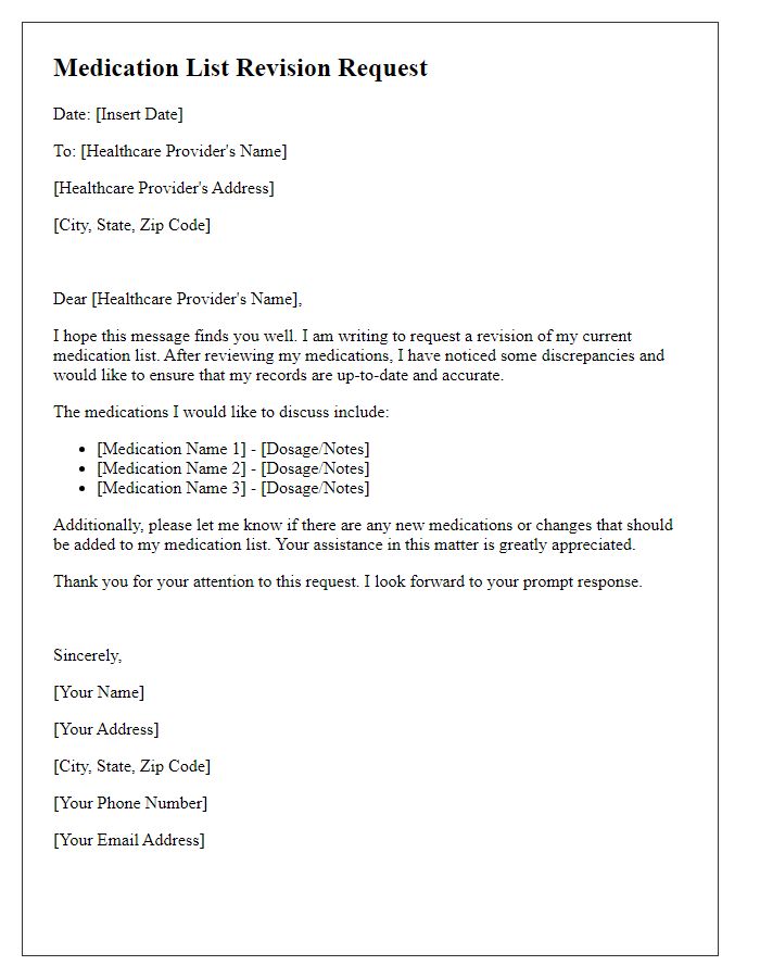 Letter template of medication list revision request for patient