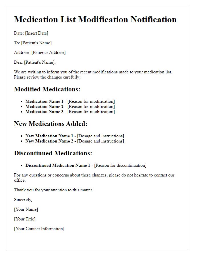 Letter template of modifications to patient medication list