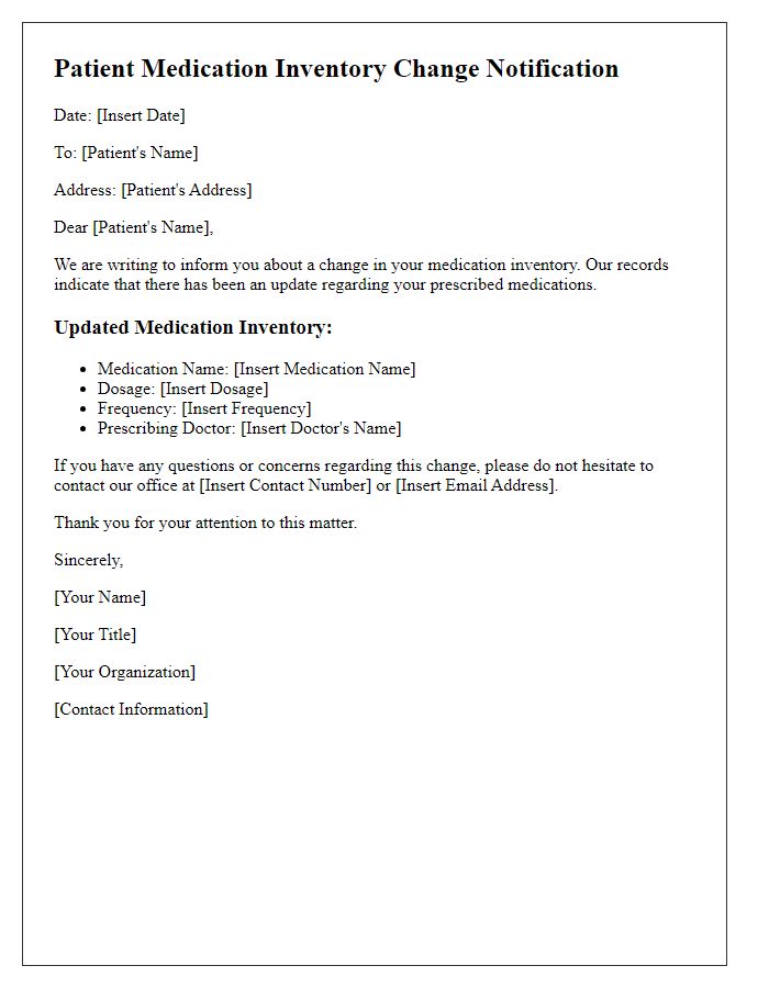 Letter template of patient medication inventory change notification