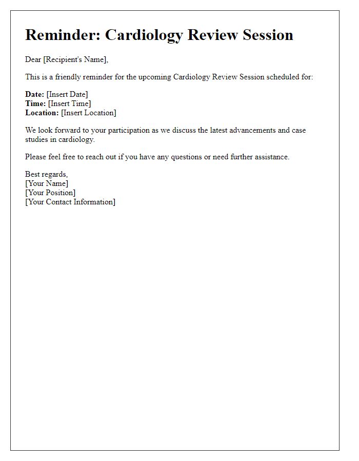 Letter template of cardiology review session reminder