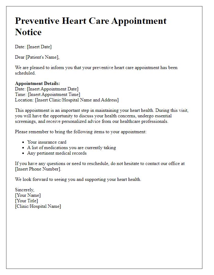 Letter template of preventive heart care appointment notice