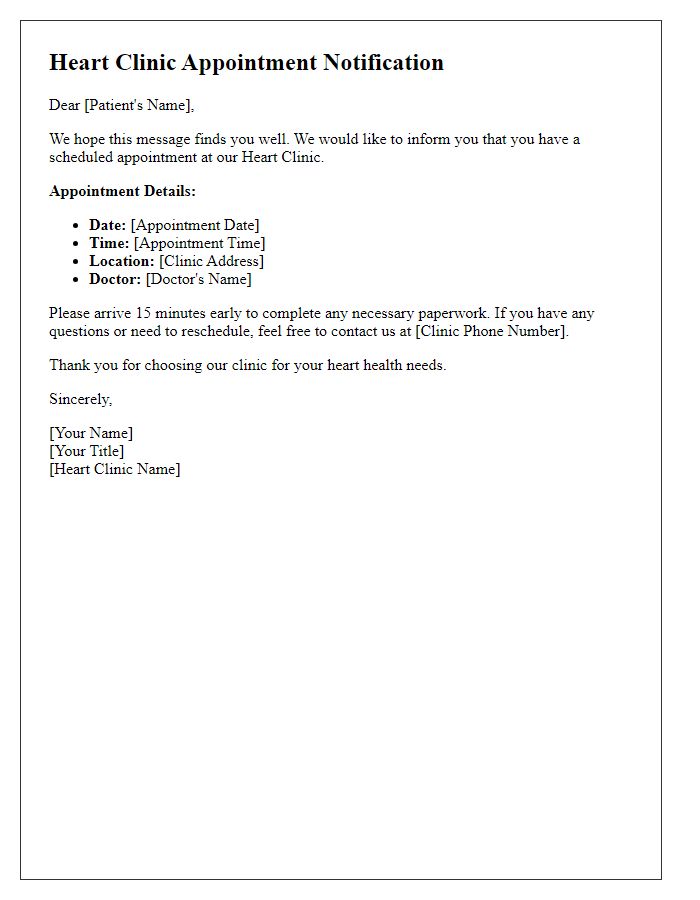 Letter template of scheduled heart clinic appointment notification