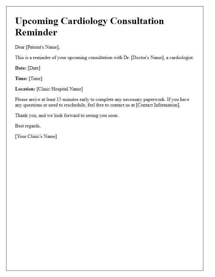 Letter template of upcoming cardiology consultation reminder
