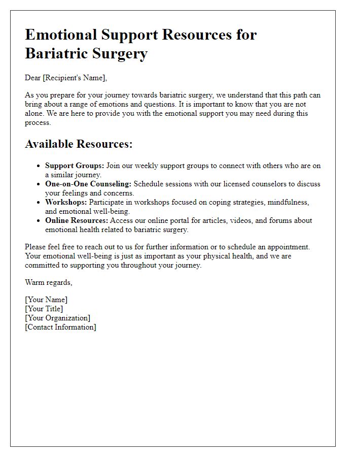 Letter template of bariatric surgery emotional support resources offer