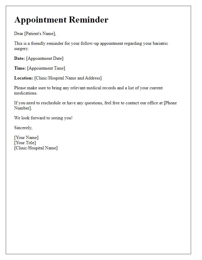 Letter template of bariatric surgery follow-up appointment reminder