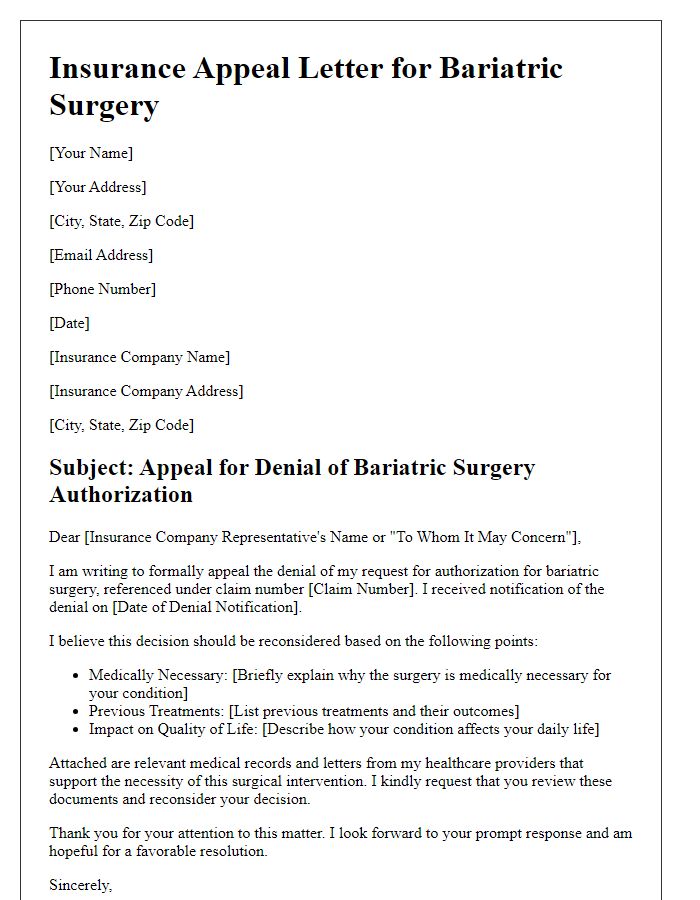 Letter template of bariatric surgery insurance authorization appeal