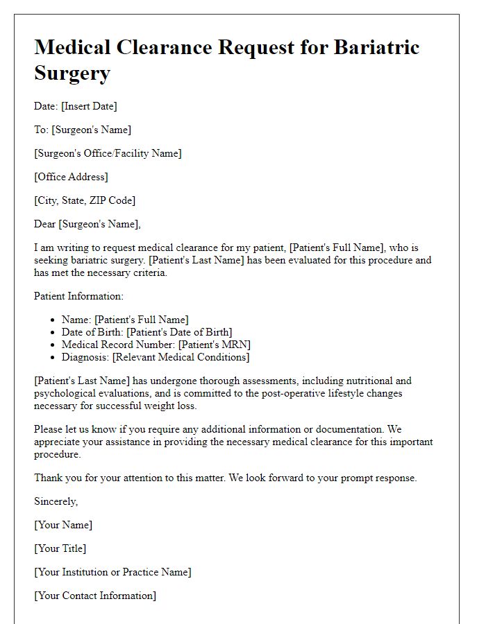 Letter template of bariatric surgery medical clearance request