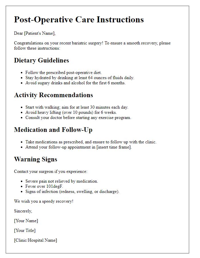 Letter template of bariatric surgery post-operative care instructions