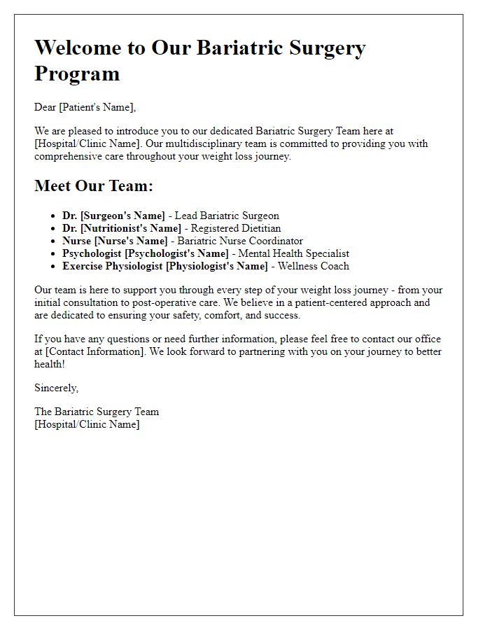 Letter template of bariatric surgery team introduction