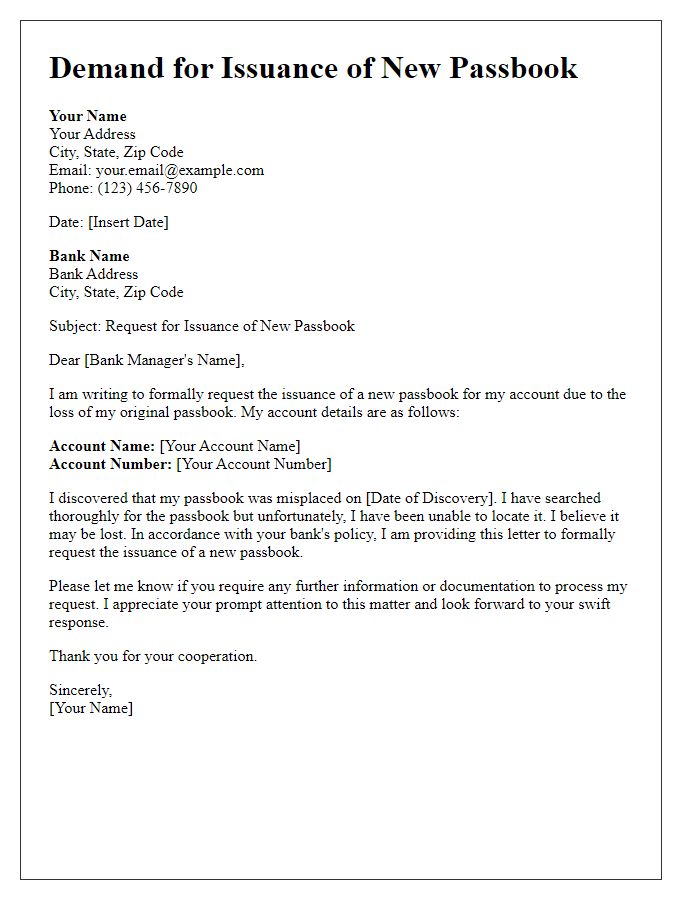 Letter template of demand for issuance of a new passbook due to loss.