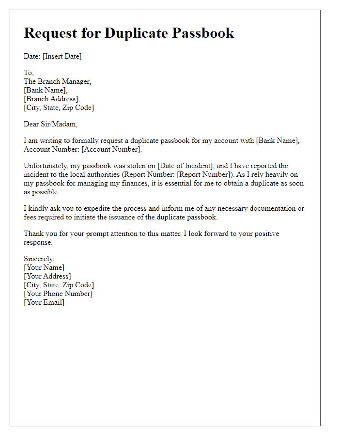 Letter template of request for duplicate passbook following theft incident.