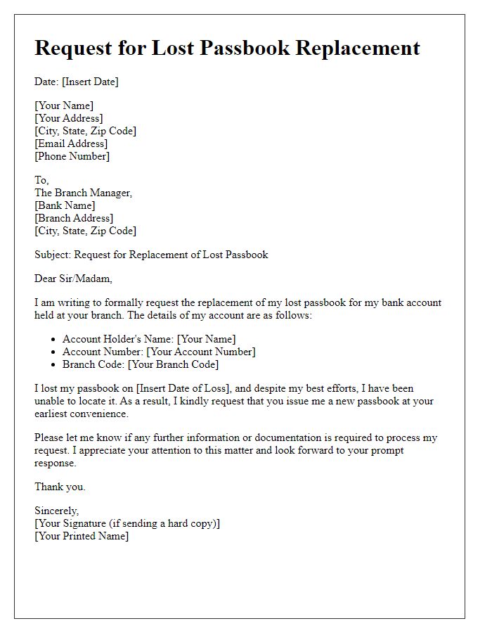 Letter template of request for lost passbook replacement for bank account holders.