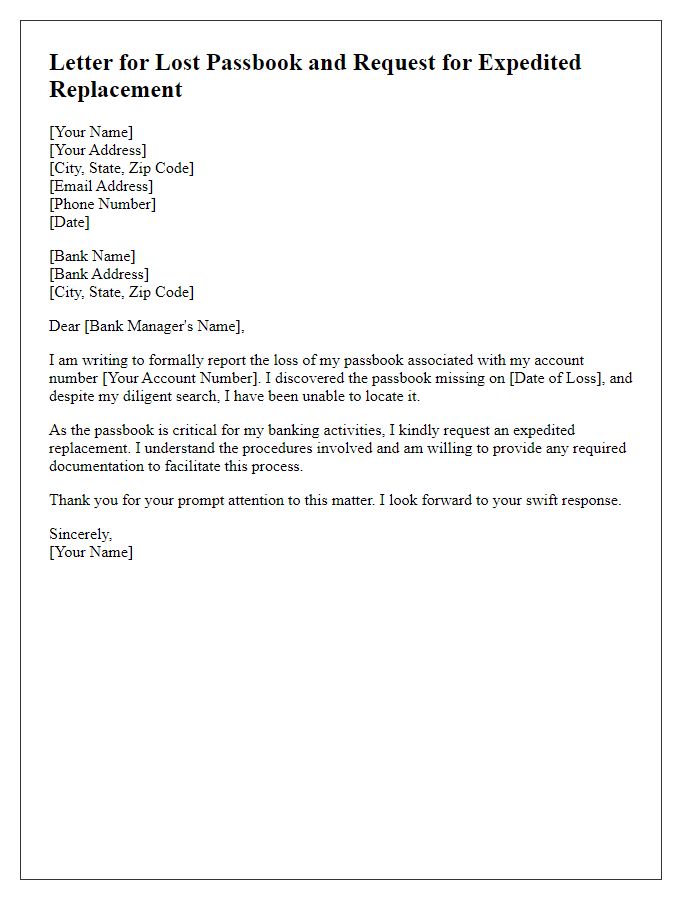 Letter template of statement for lost passbook and plea for expedited replacement.