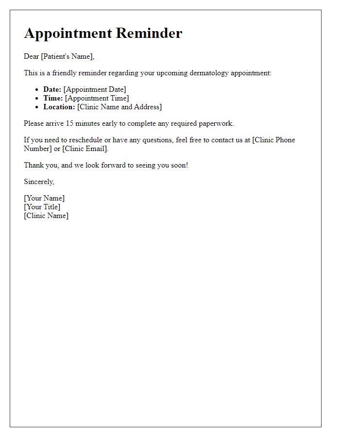 Letter template of dermatology schedule reminder