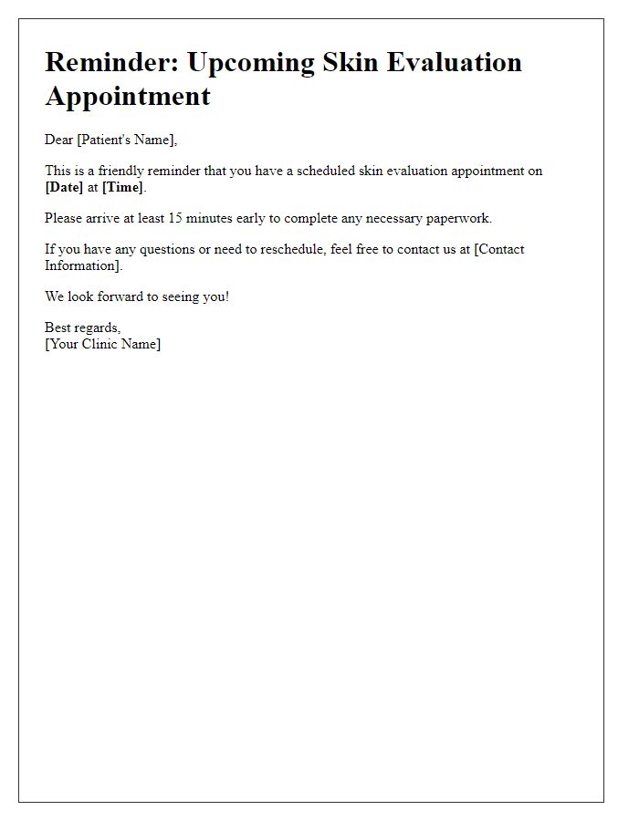 Letter template of skin evaluation appointment alert