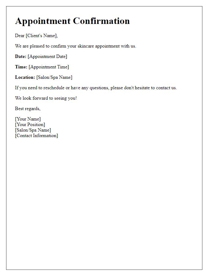 Letter template of skincare appointment confirmation