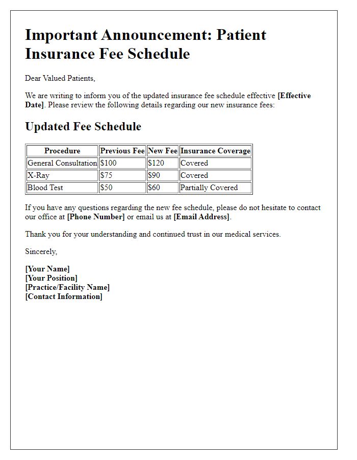 Letter template of patient insurance fee schedule announcement