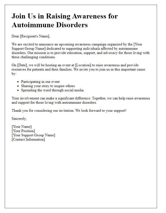 Letter template of awareness campaign for autoimmune disorder support group