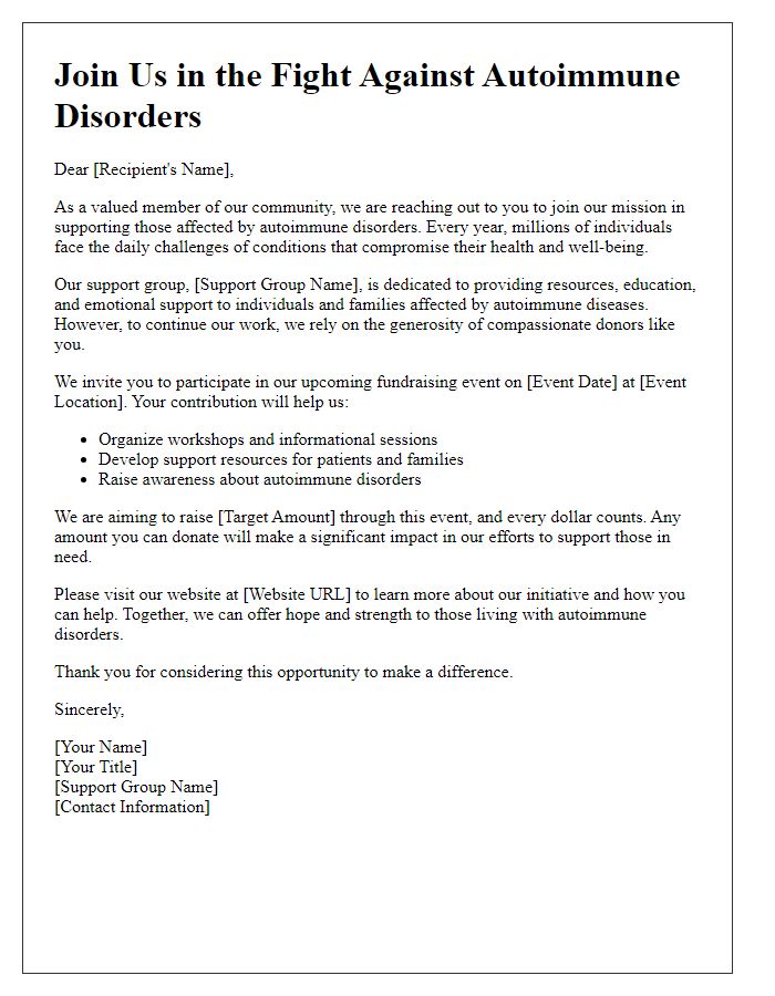 Letter template of fundraising appeal for autoimmune disorder support group