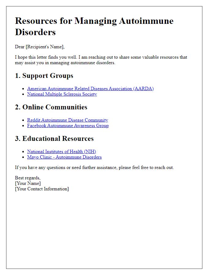 Letter template of resources for managing autoimmune disorders