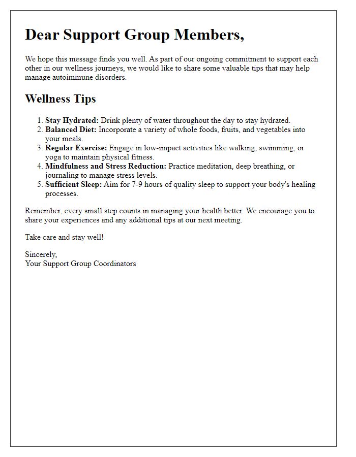 Letter template of wellness tips for autoimmune disorder support group members