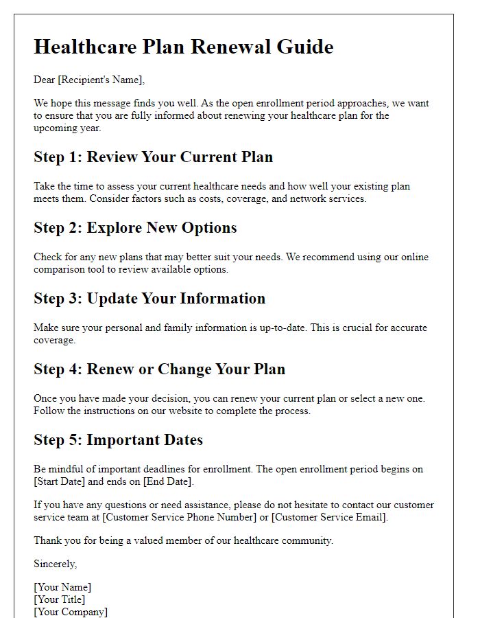 Letter template of guide to renewing your healthcare plan.