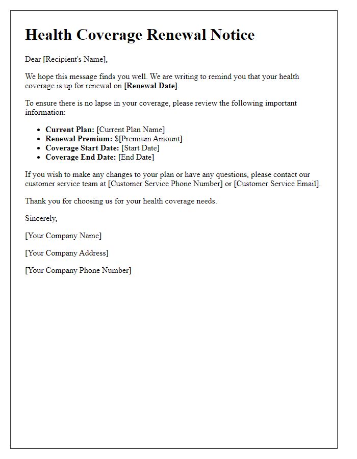 Letter template of health coverage renewal information.