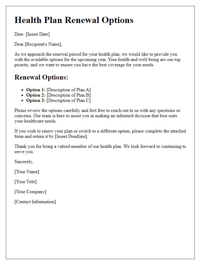 Letter template of health plan renewal options.