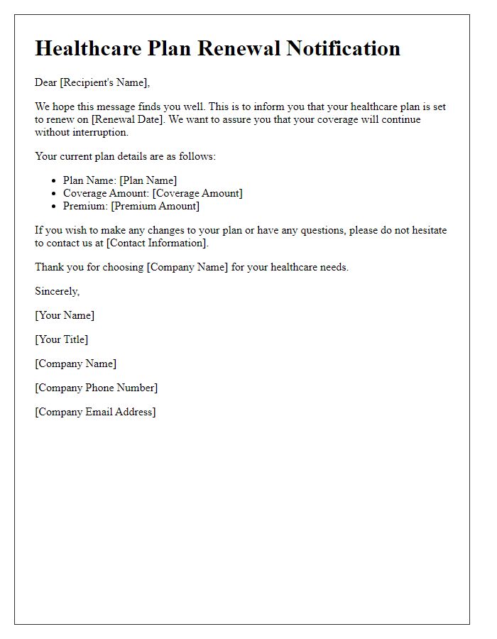 Letter template of healthcare plan renewal notification.